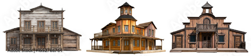 Set of an old Western saloon wooden building, isolated on a transparent background.