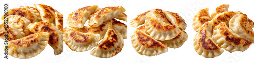 Set of pan-fried pierogi dumplings with golden crispy surface, isolated on transparent background

