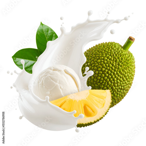 Jackfruit with creamy liquid splash tropical fruit still life healthy eating vegetarian ingredient vibrant colors isolated macro food photography