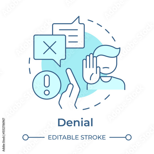 Denial soft blue concept icon. Initial reaction to change. Refuse to believe and acknowledge. Five stages of grief. Round shape line illustration. Abstract idea. Graphic design. Easy to use