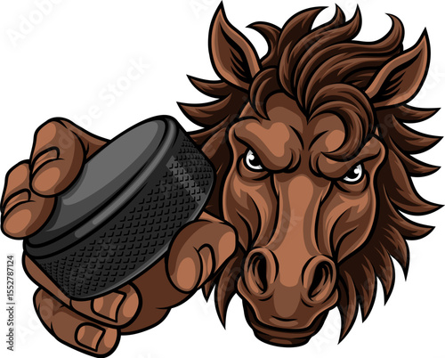 Horse mustang bronco stallion ice hockey angry sports team mascot holding a puck.