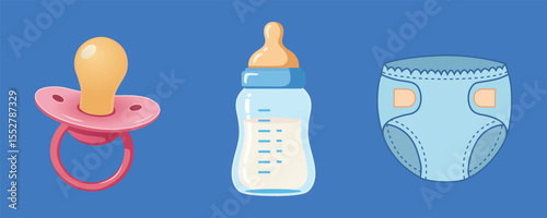 Cute and Colorful 3D Baby Icons Set Featuring Pacifier Milk Bottle and Diaper on White Background

