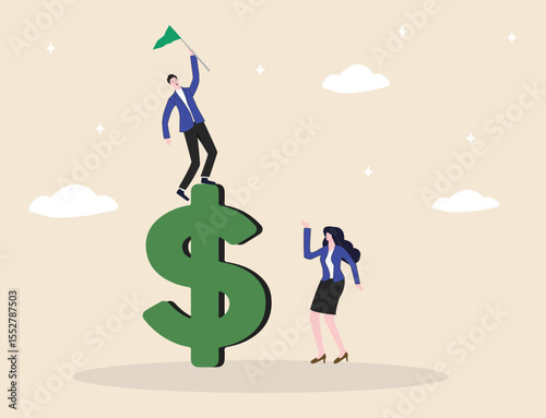 Global economic outlook or financial vision concept  a confident, visionary businessman standing on a giant U.S. dollar symbol.