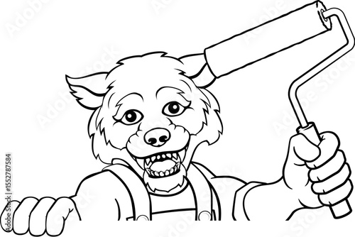 A wolf painter decorator handyman cartoon construction man mascot character holding a paint roller tool