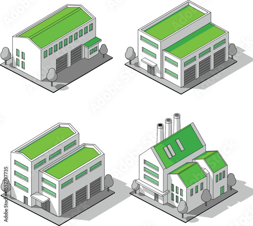 Modern Industrial Buildings: Set of Three Green-Roofed Structures, Illustration Style.