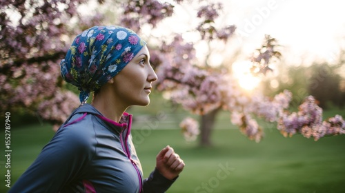 Strong cancer survivor woman jogging in spring park wearing headscarf, surrounded by beautiful cherry blossoms. Resilience, hope and overcoming adversity concept.