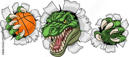A crocodile, dinosaur or alligator lizard sports mascot holding a basketball ball