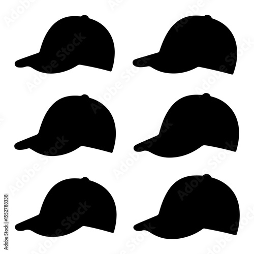 A collection of six black baseball caps silhouette each in a silhouette.