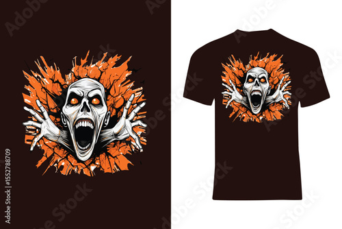 Spooky illustration of a skull with pumpkins and a full moon background, perfect for Halloween-themed t-shirt designs conveying eerie and festive vibes.