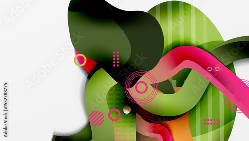 Abstract composition features overlapping colorful shapes, circles, lines. Modern design with vibrant hues creates dynamic visual effect.