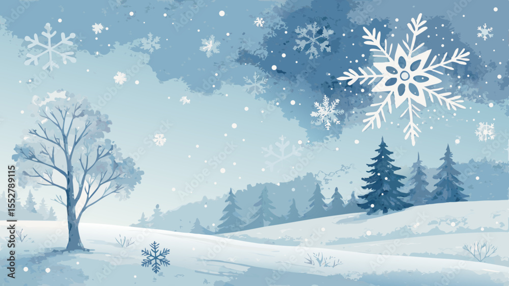 Fototapeta premium Vector blizzard background in soft whites and pale blues, falling snowflakes and cold stillness, peaceful yet harsh with copy space