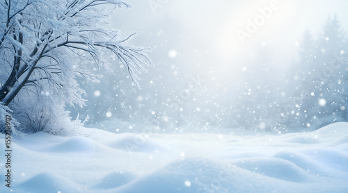 Photorealistic blizzard background in soft whites and pale blues, showing falling snowflakes and cold stillness, peaceful yet harsh with copy space  
