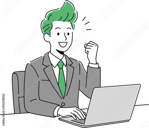 Successful Businessman: Man in Suit Celebrating Achievement While Working on Laptop, Illustration Style.