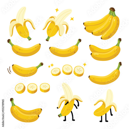 Creative Illustrations of Fresh Yellow Bananas in Various Poses and States of Peel	