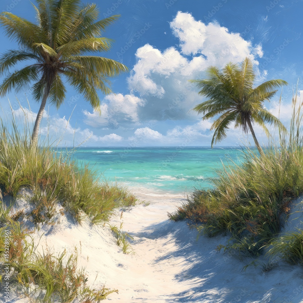 Fototapeta premium Serene tropical beach scene; path through dunes leads to turquoise water under a partly cloudy sky, flanked by palm trees and beach grass