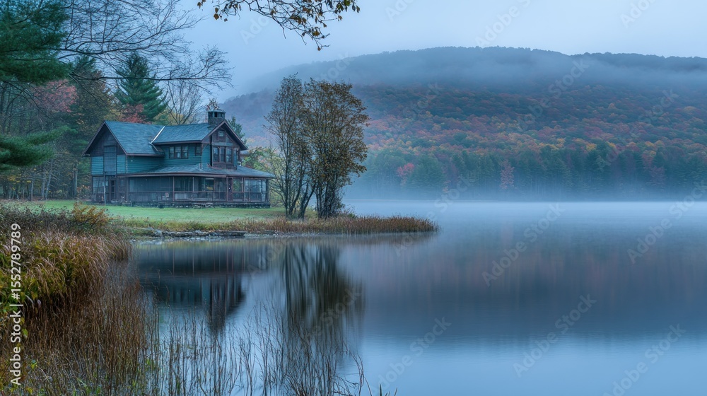 Fototapeta premium Tranquil cabin on a misty lake shore in autumn