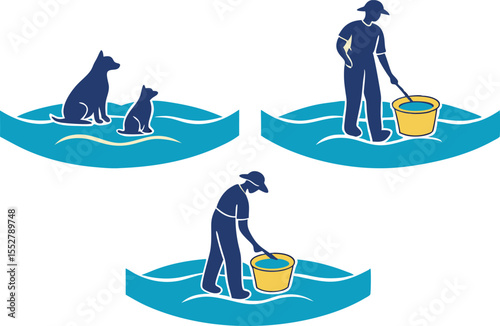 Three scenes of people and dogs by blue water pets