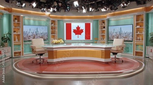 Elegant news anchor desk with a Canadian flag in the background, neutral tones, soft lighting, and minimalist decor