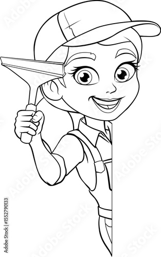 A woman female window cleaner or car wash worker holding a squeegee cleaning tool.