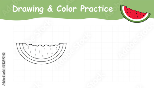 Watermelon slice drawing and color practice. trace and color fruit. vector watermelon slice outline with grid lines for draw the shape and coloring
