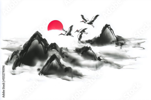 Korean Sumi-e Painting with Cranes Over Sharp Misty Mountains