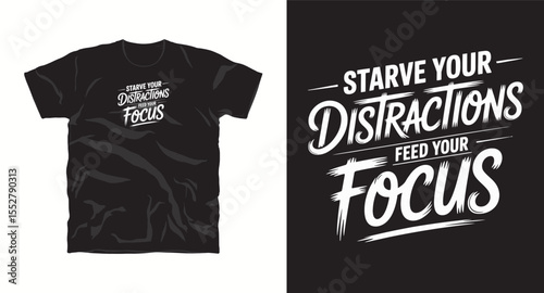 Starve your distraction feed your focus, motivational typography t-shirt design, inspirational quote, motivational slogan for fitness, life, success, positive mindset, casual apparel, t-shirt design