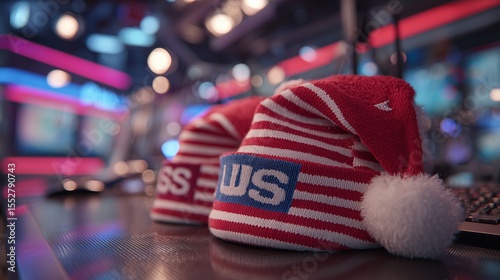 Funky Christmas-themed newsroom with a US flag, colorful LED lights, Santa hats on desks, blurred white bokeh background