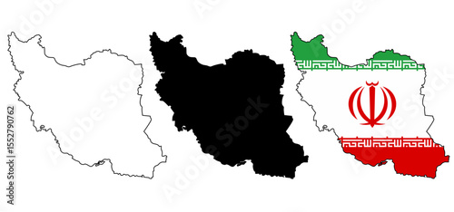 Iran map in three styles: outline, solid black silhouette, and filled with national flag colors. Official standard colors. Perfect for educational, political, and travel design needs.