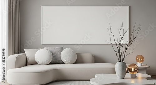 Modern living room with a cream sofa decorative pillows and a blank canvas on the wall