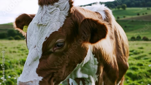 Grazing cattle in tranquil green pasture with rolling hills