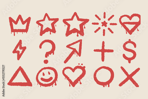 Set of Graffiti Doodle Icons – Dripping Spray Paint Symbols Including Hearts, Stars, Arrows, and Emojis on Beige Elements Clipart Vector Illustration on White Background
