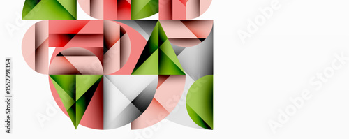 Abstract geometric composition. Shapes overlap, creating complex visual texture. Colors include red, green, gray, pink. Minimalist design.