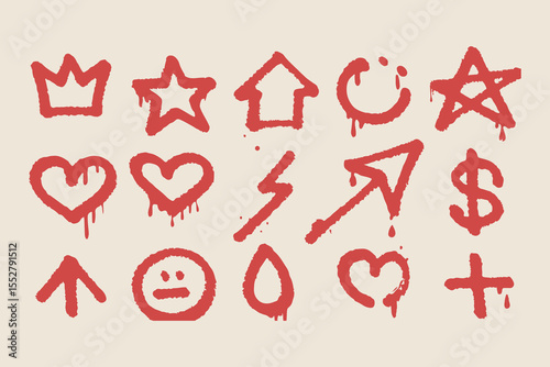 Set of Graffiti Doodle Icons – Dripping Spray Paint Symbols Including Hearts, Stars, Arrows, and Emojis on Beige Elements Clipart Vector Illustration on White Background