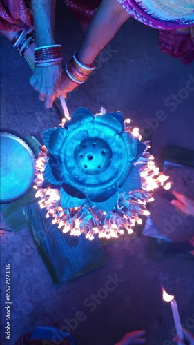 Traditional Hindu fire ceremony with sacred statues, Navratri vertical video background, Durga Puja vertical poster.