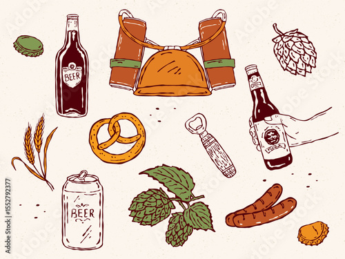 Beer sketch icon set. Vector hand-drawn line art featuring beer cans, beer bottles, and hands holding bottles, malt, and wheat. Ideal for craft beer branding, menus, and packaging