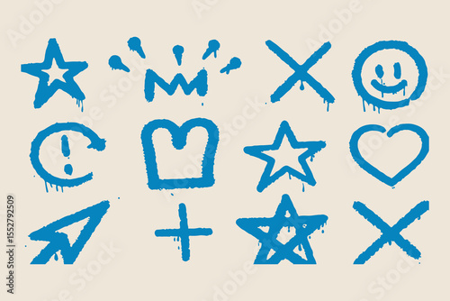 Set of Graffiti Doodle Icons – Dripping Spray Paint Symbols Including Hearts, Stars, Arrows, and Emojis on Beige Elements Clipart Vector Illustration on White Background