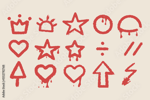 Set of Graffiti Doodle Icons – Dripping Spray Paint Symbols Including Hearts, Stars, Arrows, and Emojis on Beige Elements Clipart Vector Illustration on White Background