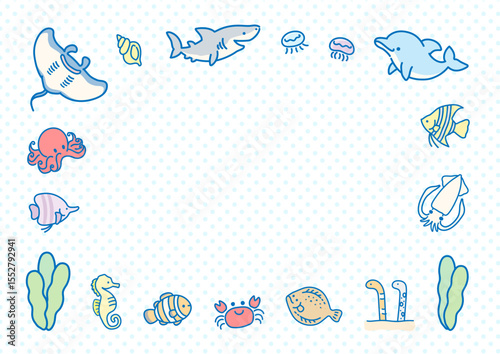 海の生き物のフレームと水玉模様の背景