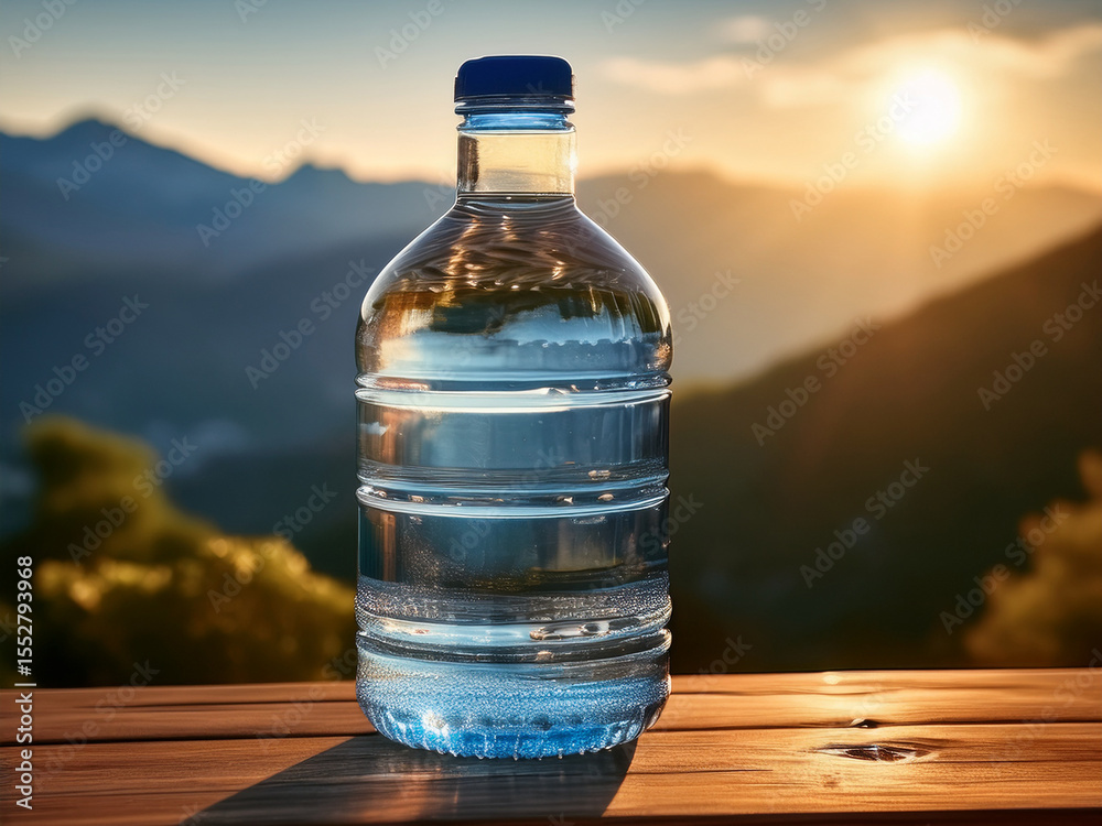 Obraz premium Product showcase of plastic water bottles and glasses in scenic and modern scenes