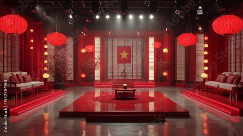 Lunar New Year broadcast set with a Vietnamese flag, red envelopes, lanterns, and a festive white glow