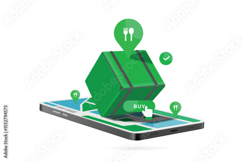 Rectangular food bag or green box for delivery drivers is placed on smartphone with a GPS map app and pin indicating the customer's location, vector 3d isolated for food delivery advertising design
