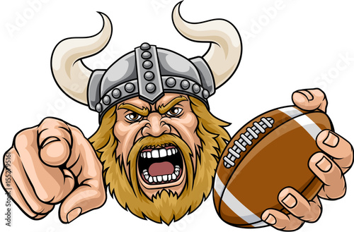 A Viking man holding American Football ball and pointing sports team cartoon charcater mascot illustration.