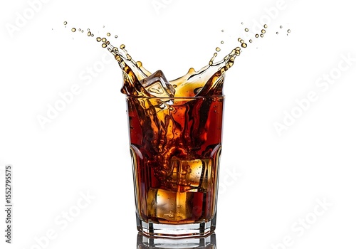 Glass of cola with ice splash and refreshing cold beverage