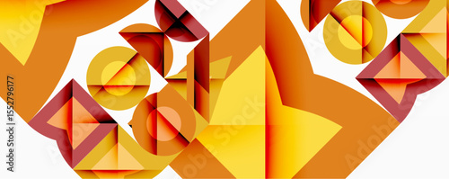 Abstract geometric composition. Warm color palette dominates, featuring overlapping shapescircles, triangles, squares. Gradient shades create depth, visual interest. Modern design element.