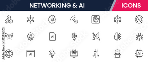 Vector illustration web line icon collection for networking & AI, connections, neural networks, data, and tech symbols in a sleek, modern, innovative design style.