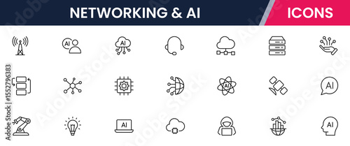 Vector illustration web line icon collection for networking & AI, connections, neural networks, data, and tech symbols in a sleek, modern, innovative design style.