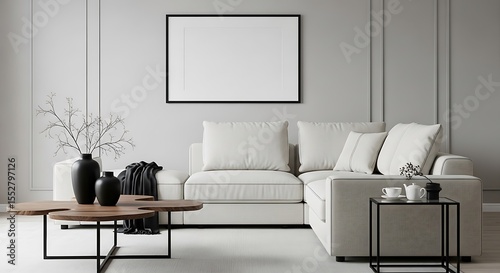 Modern living room with a white sectional sofa abstract wooden coffee table and minimalist decor