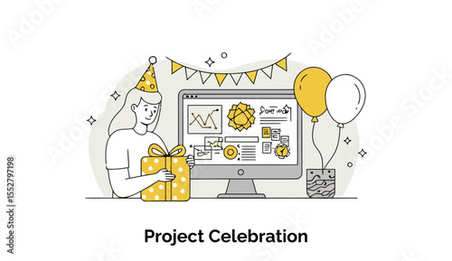 Young woman in casual attire celebrating a project completion with a gift in a simple office setting. Happy female professional receiving a gift at her desk in a modern office space.