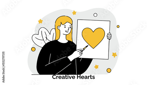Young woman with blonde hair in a black top, holding a piece of art paper with a yellow heart, creating art in a stylized, whimsical background. Artist in a casual setting, drawing a heart.