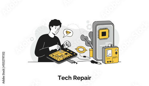 Young adult male technician repairing electronic components at a workbench in a technical repair shop. Focused on precise actions with electronic equipment and tools.